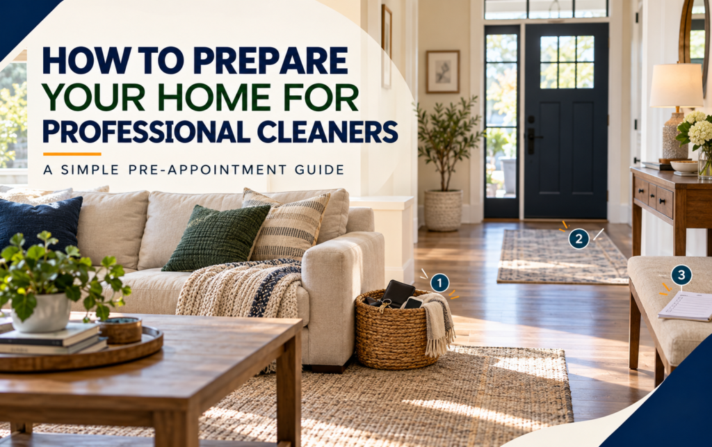 Homeowner organizing personal items before professional cleaners arrive at a Raleigh-area home.
