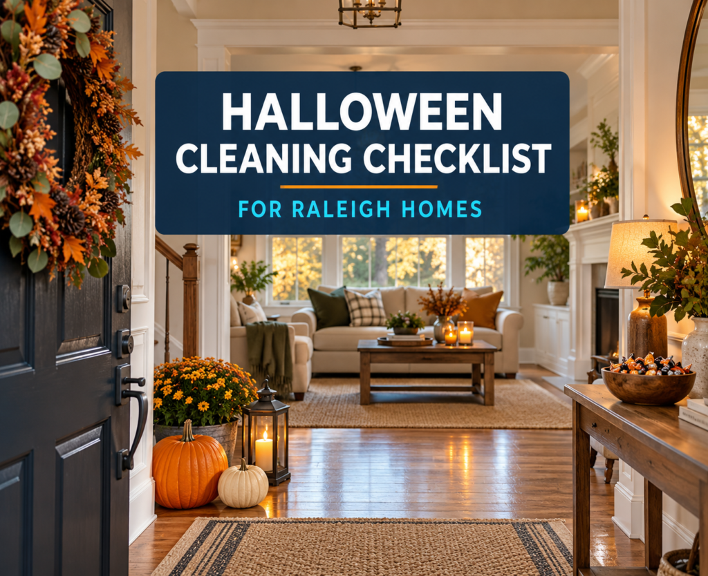 A clean Raleigh entryway with pumpkins and fall decor for a Halloween cleaning checklist.