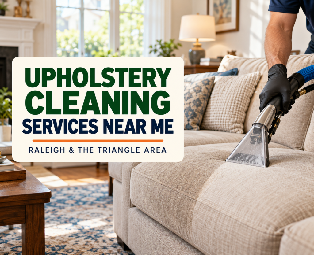Professional upholstery cleaning of a fabric sofa in a Raleigh-area home.